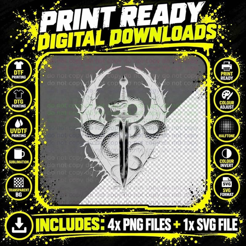 Sword and Snake Design with Spiked Halo, Gothic Fantasy Png SVG Digital Bundle