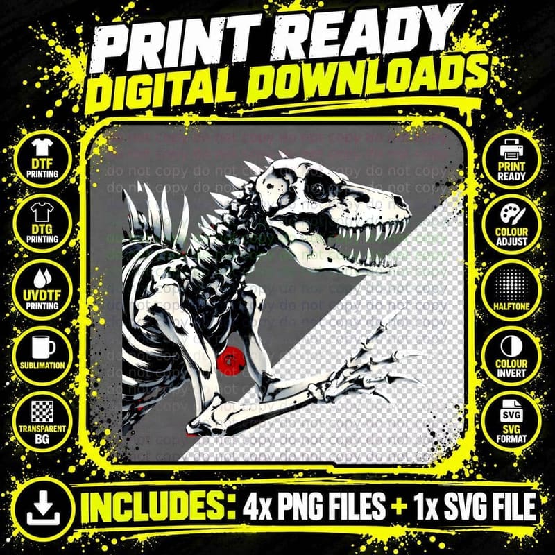 T-Rex Skeleton Digital Art Glowing Red Eyes Spooky Png SVG Digital Bundle