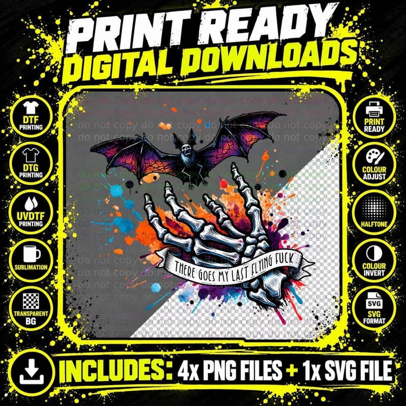 There Goes My Last Flying F#ck, Skeleton Hand, Bat Png SVG Digital Bundle