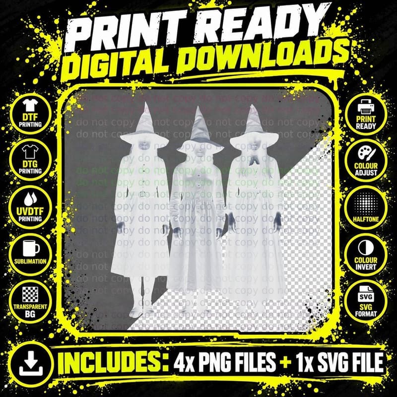 Three Gothic Witches Monochromatic Horror Black Dresses Png SVG Digital Bundle