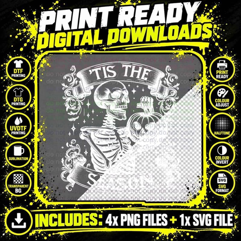 Tis the Season Skeleton Black, Retro Vintage Png SVG Digital Bundle