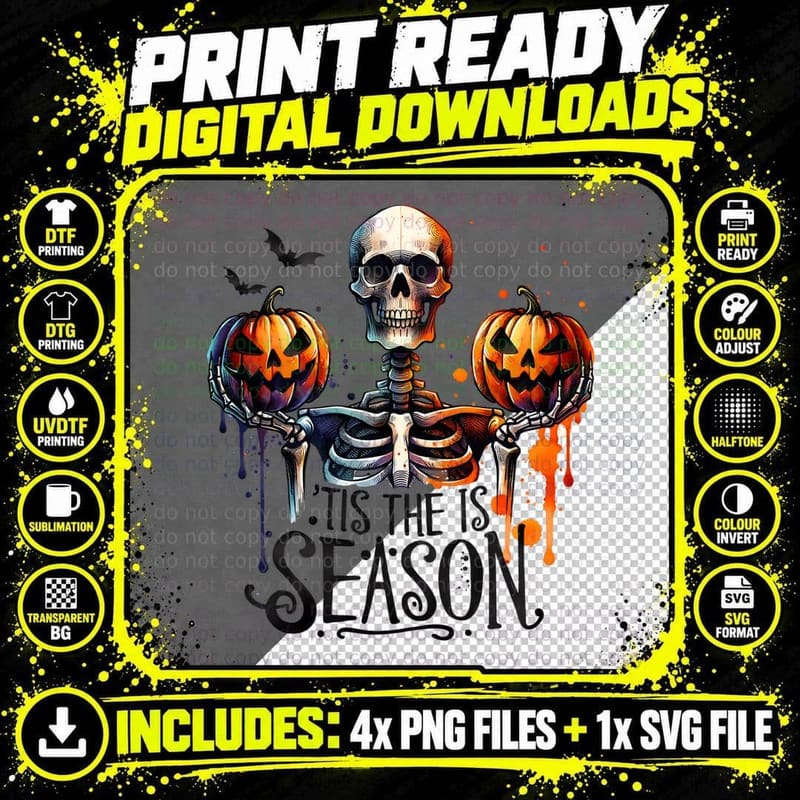 Tis the Season Skeleton Holding Pumpkins Halloween Png SVG Digital Bundle