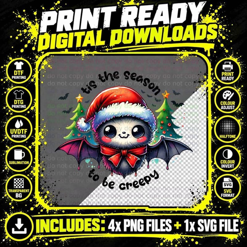Tis the Season to Be Creepy Bat, Vintage Retro, Funny Png SVG Digital Bundle