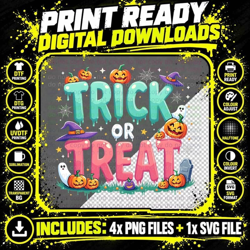 Trick or Treat Halloween Ghost Witch Jack-O'-Lantern Png SVG Digital Bundle