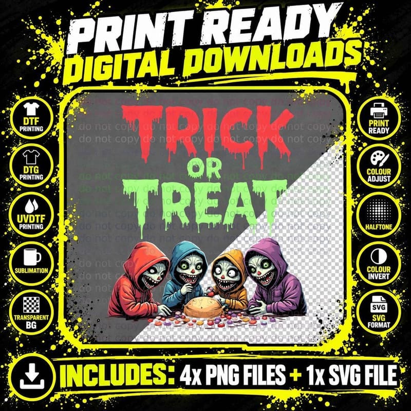 Trick or Treat Halloween Monsters Bloody Red Green Text Png SVG Digital Bundle