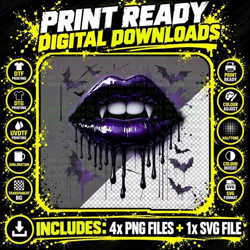 Vampire Lips Purple Gothic Aesthetic Horror Dripping Png SVG Digital Bundle