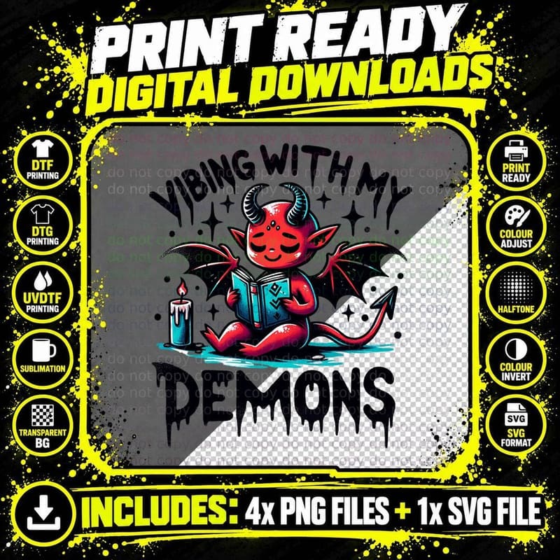 Vibing with My Demons Reading a Book, Gift Idea Png SVG Digital Bundle
