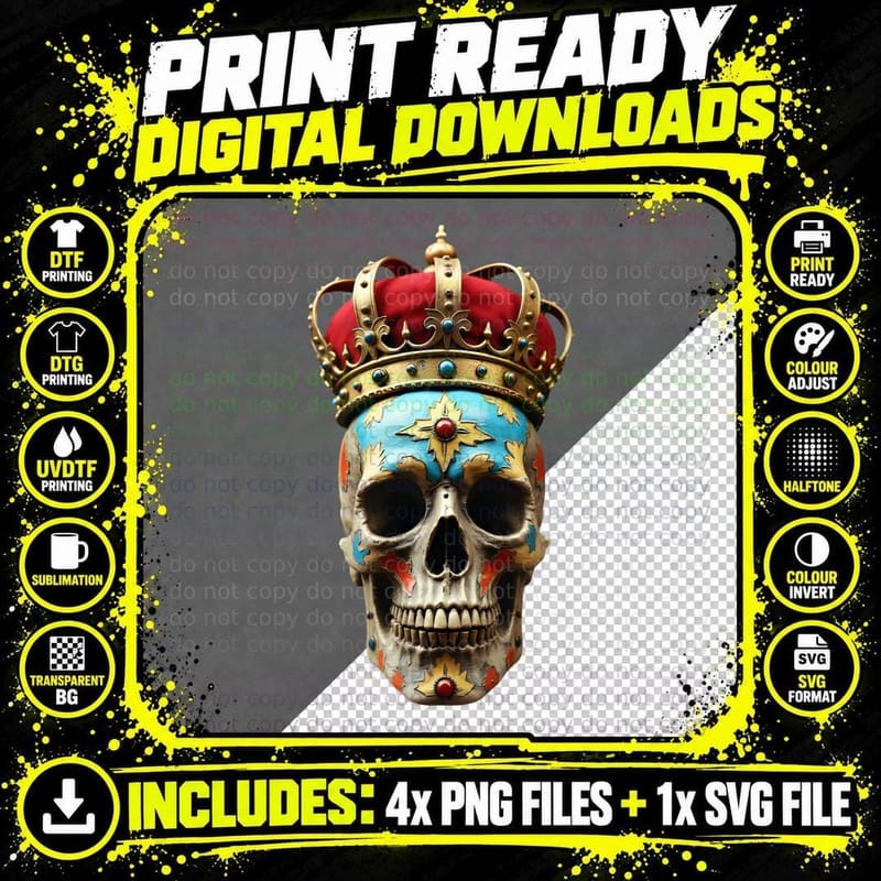 Vibrant Skull Crown Regal Macabre T-Shirt Png SVG Digital Bundle