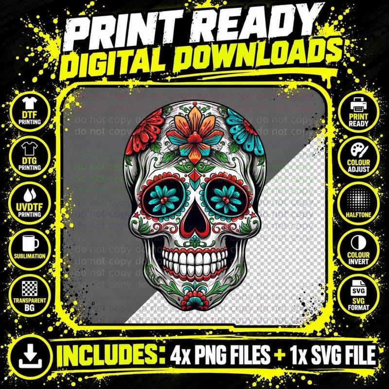 Vibrant Sugar Skull Dia De Los Muertos Day of the Dead Png SVG Digital Bundle