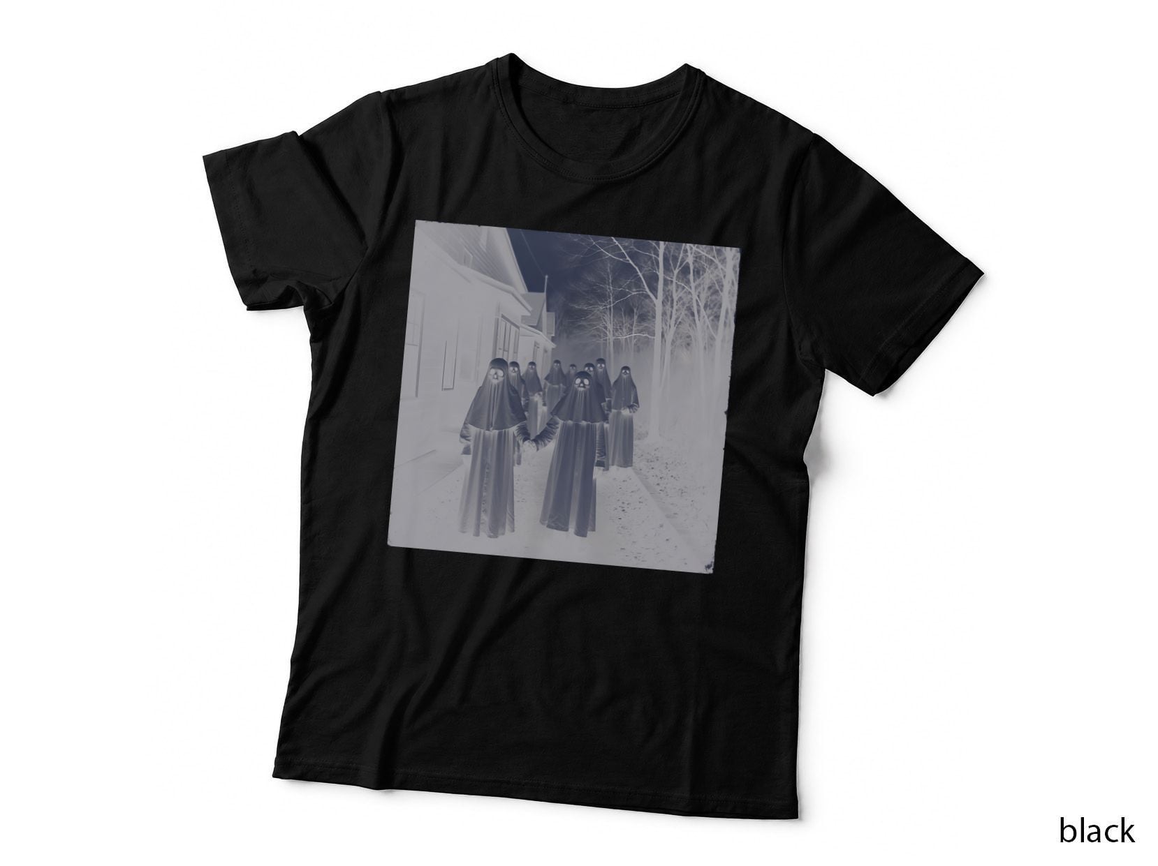 Vintage Black White Gothic Horror Hooded Figures T-Shirt