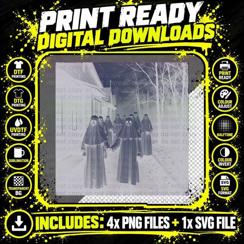Vintage Black White Gothic Horror Hooded Figures T-Shirt Png SVG Digital Bundle