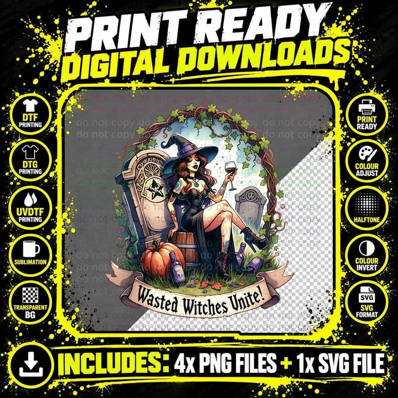 Wasted Witches Unite, Halloween, Horror, Cute T-Shirt Png SVG Digital Bundle