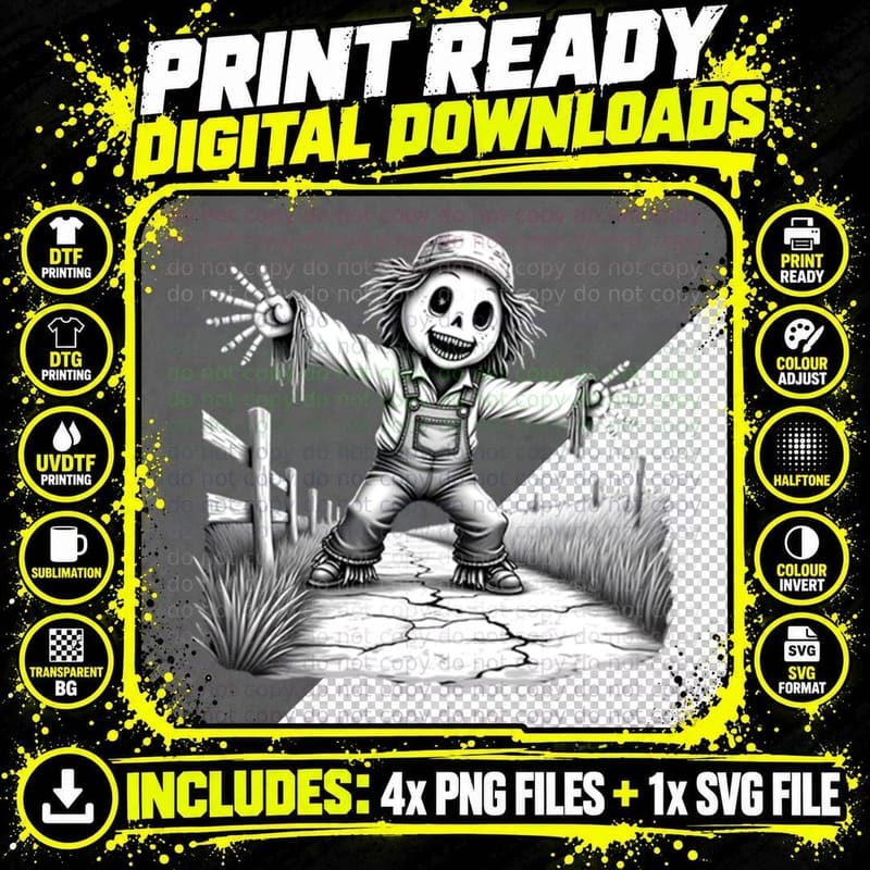 Whimsical Graphic Novel Style Spooky Scarecrow 3 T-Shirt Png SVG Digital Bundle