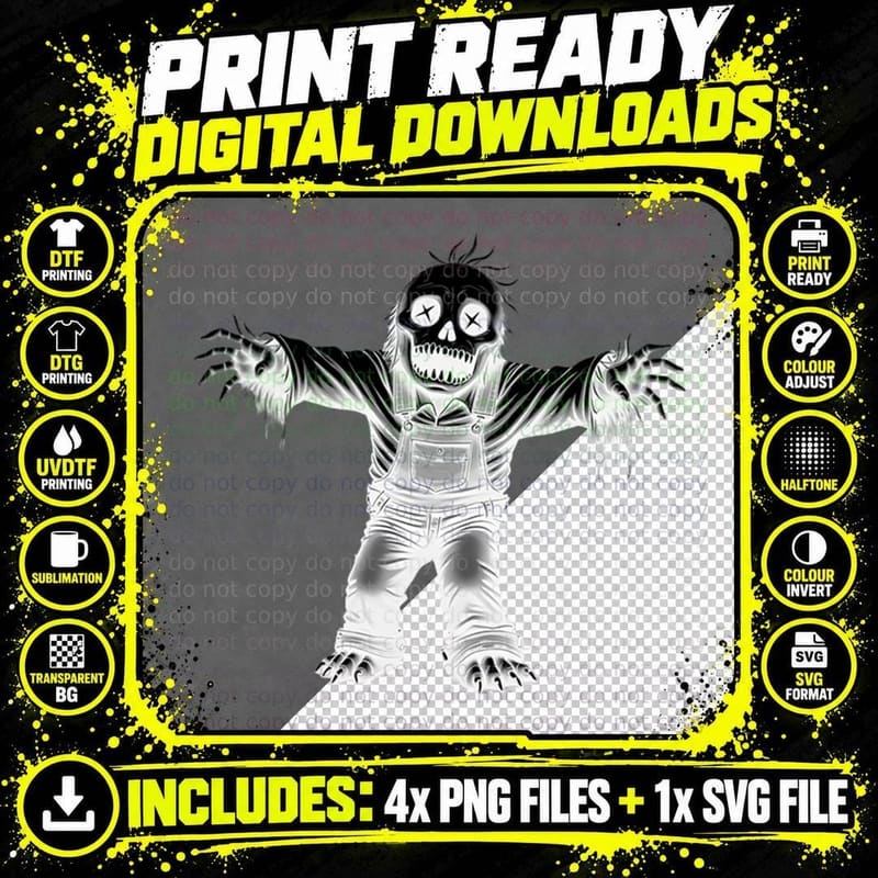 Whimsical Graphic Novel Style Spooky Scarecrow 4 T-Shirt Png SVG Digital Bundle