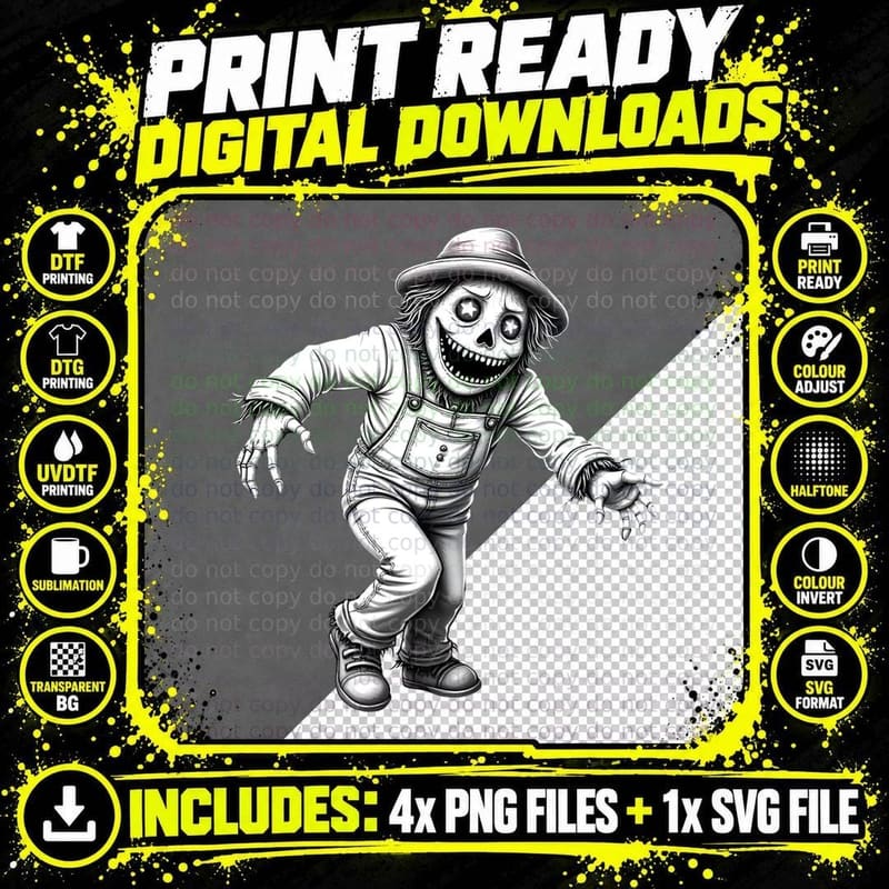 Whimsical Graphic Novel Style Spooky Scarecrow T-Shirt Png SVG Digital Bundle