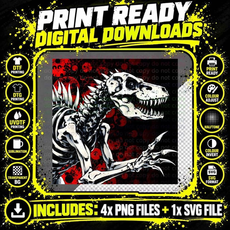 White Dinosaur Skeleton Red Splatter Grunge Ominous Png SVG Digital Bundle