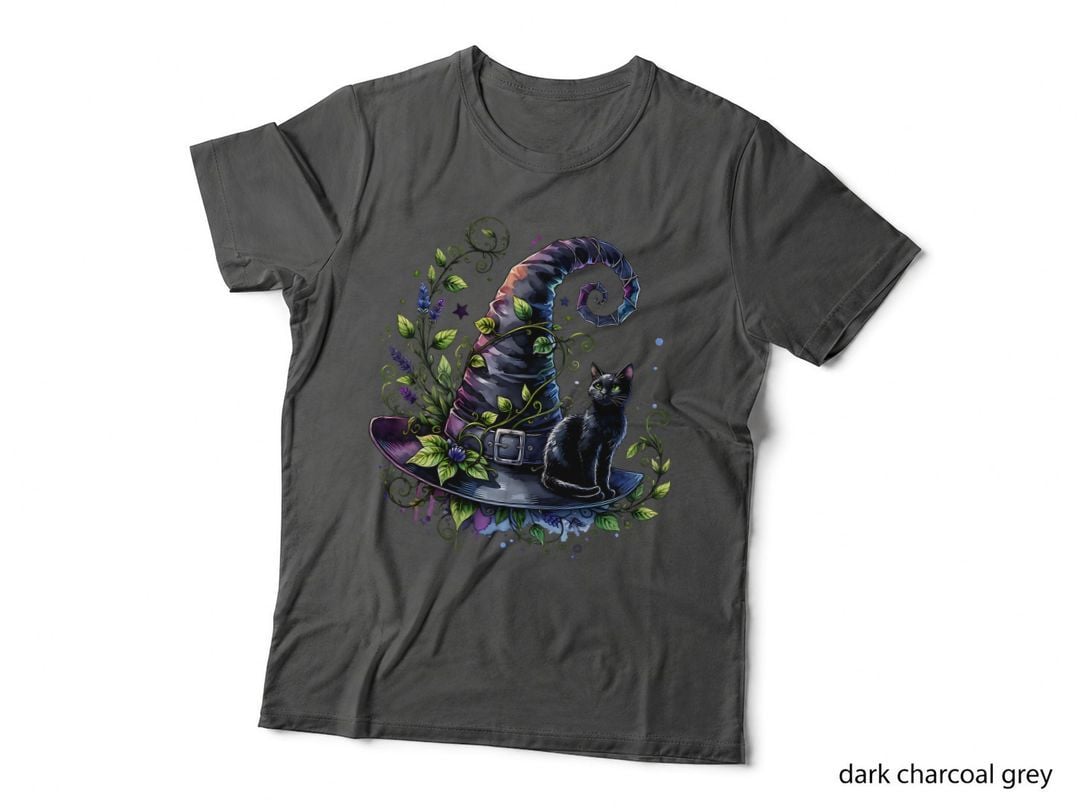 Witch Hat with Black Cat Halloween, Horror, Goth T-Shirt