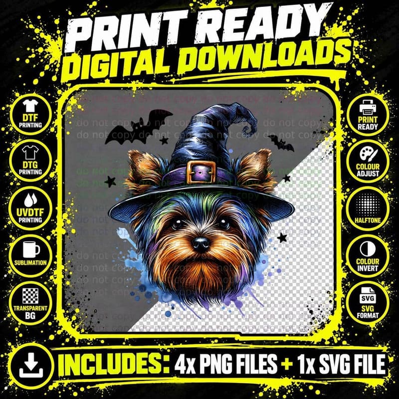 Yorkie in Witch Hat Halloween, Horror, Cute T-Shirt Png SVG Digital Bundle