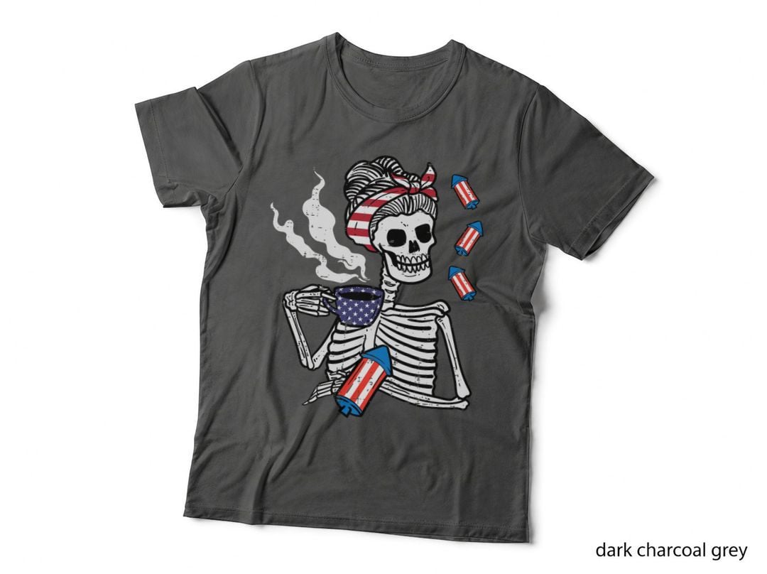 4th July Skeleton Messy Bun Coffee Funny Patriotic Mom Women T-Shirt