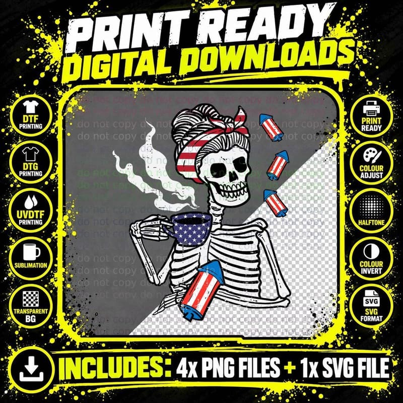 4th July Skeleton Messy Bun Coffee Funny Patriotic Mom Png SVG Digital Bundle