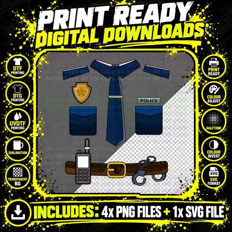 Adult Kids Halloween Cop Uniform Officer Police Costume Png SVG Digital Bundle