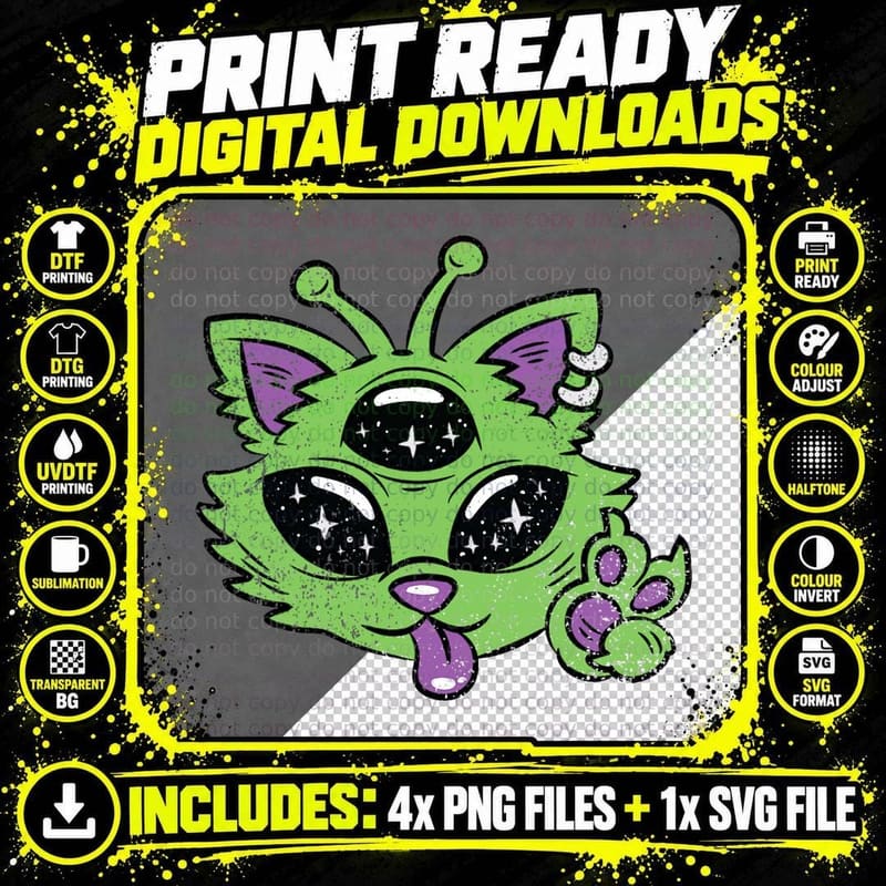 Alien Cat Halloween Costume Funny Space Kitten Animal Png SVG Digital Bundle