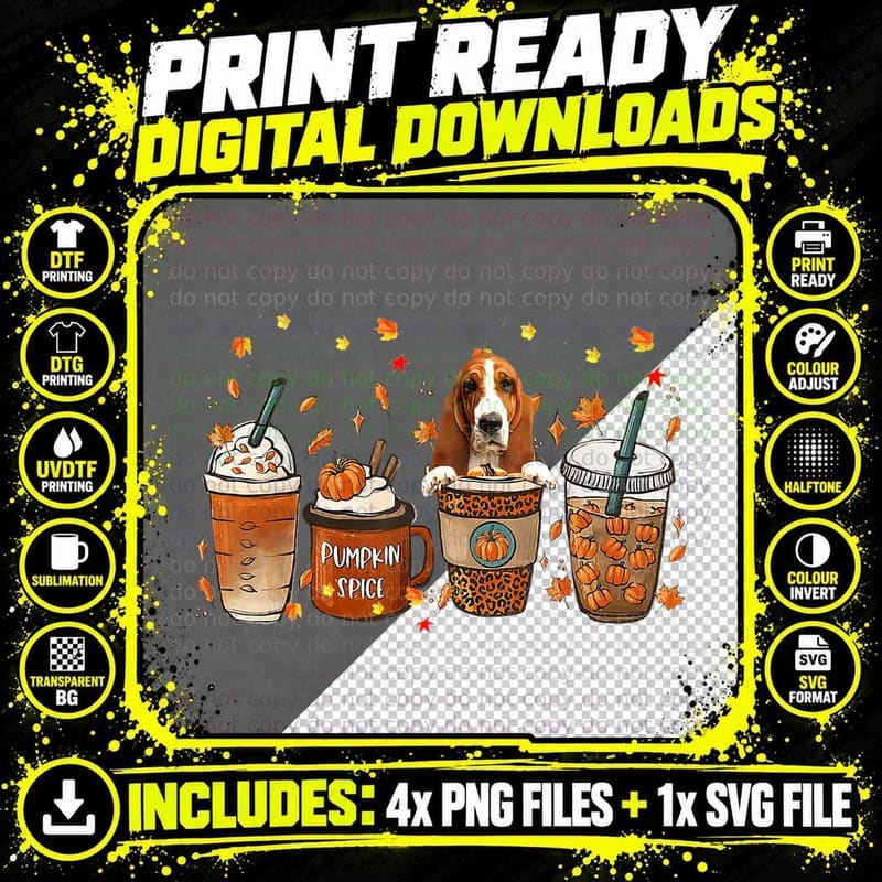 Basset Hound Fall Coffee Pumpkin Spice Latte Iced Autumn Png SVG Digital Bundle