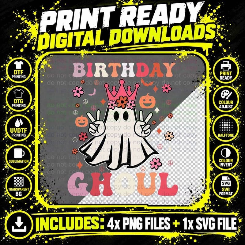 Birthday Ghoul Floral Ghost Kid Girl Groovy Halloween Png SVG Digital Bundle