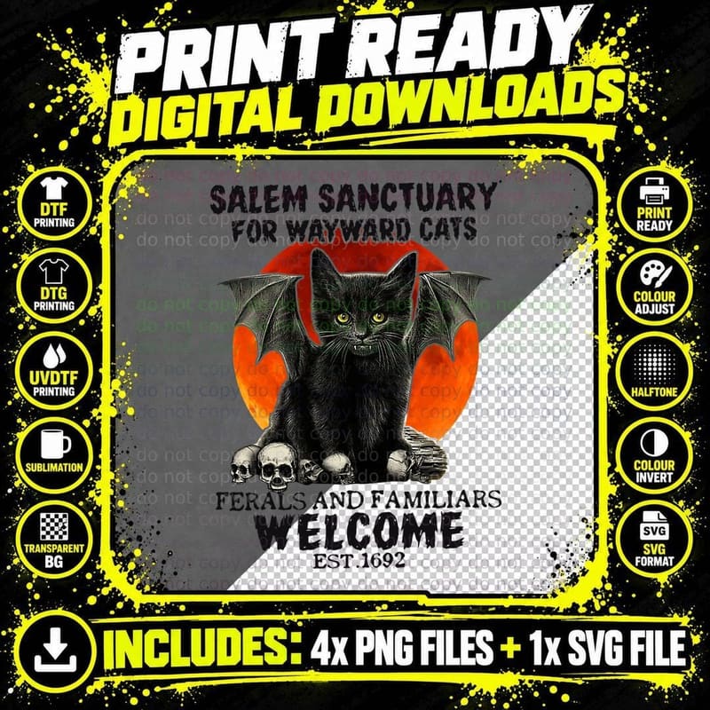 Black Cat Salem Sanctuary for Wayward Cats Ferals Png SVG Digital Bundle
