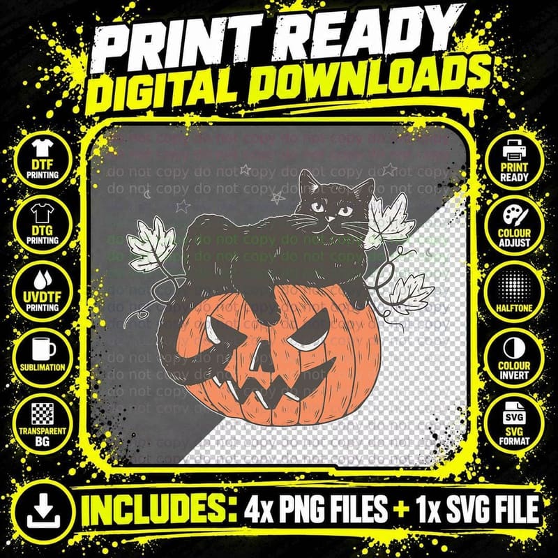 Black Cat on Pumpkin Fall Halloween Costume Men Women Png SVG Digital Bundle