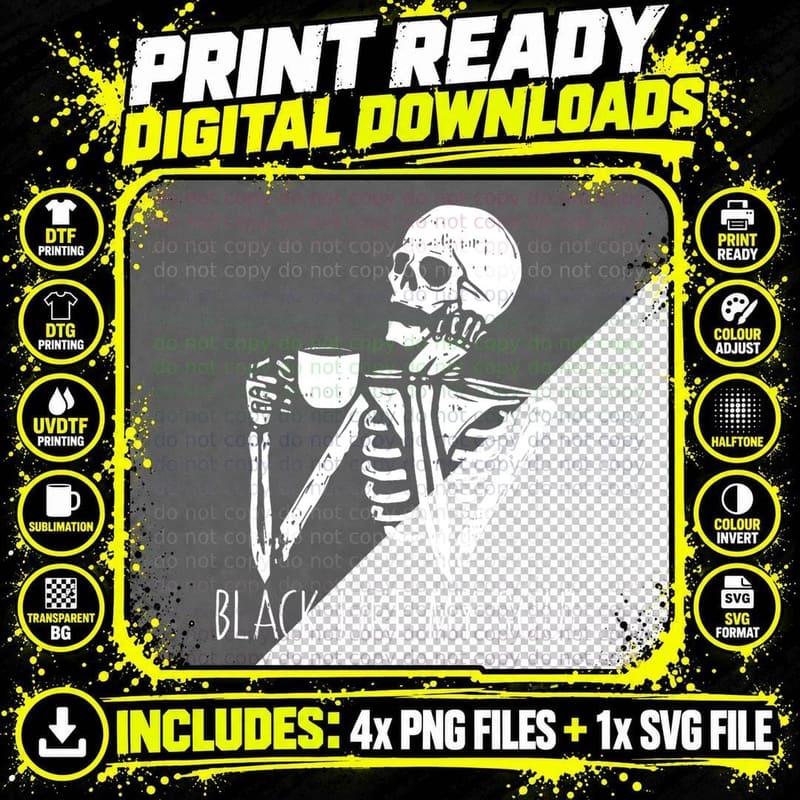 Black Like My Soul Halloween Funny Skull Drinking Coffee Png SVG Digital Bundle