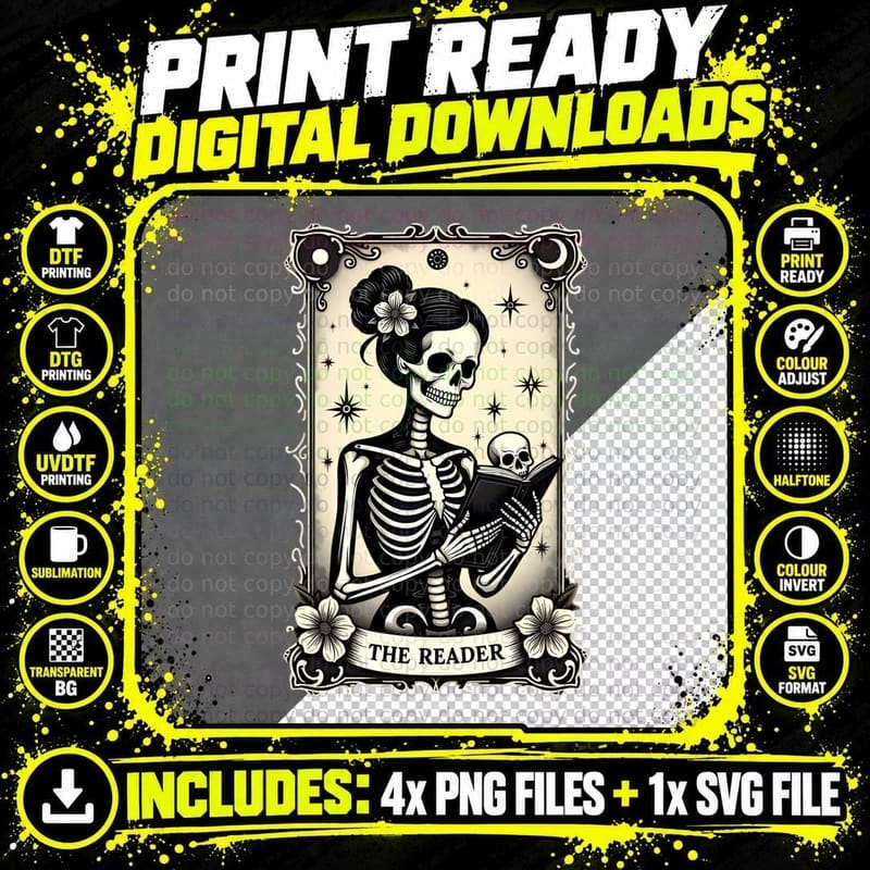 Black White Skeleton Woman Reading Book Tarot the Reader Png SVG Digital Bundle