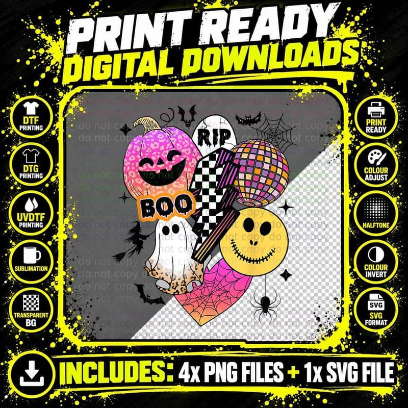 Boo Pumpkin Smile Face Disco Retro Groovy Halloween Png SVG Digital Bundle