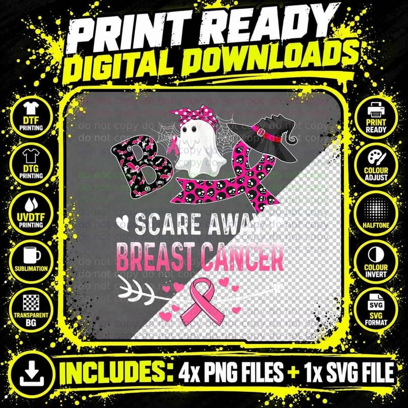 Boo Scare Away Breast Cancer Funny Breast Cancer Png SVG Digital Bundle