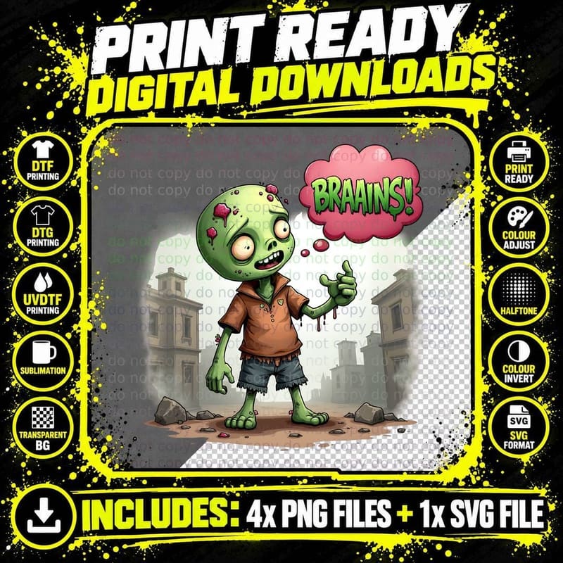 Braaains Zombie Tee, Funny Halloween Undead Gift for Png SVG Digital Bundle