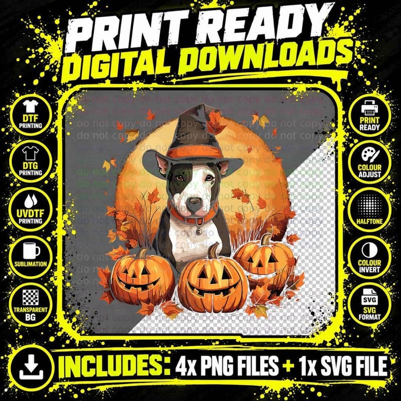 Bull Terrier Witch Howl-O-Ween Pawsome Pumpkin Halloween Png SVG Digital Bundle