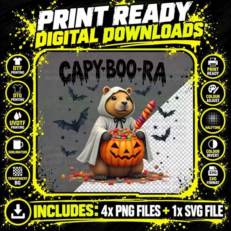 CAPY-BOO-RA Funny Capybara Ghost Jack-O-Lantern Candy Png SVG Digital Bundle