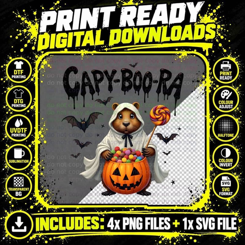 CAPY-BOO-RA Spooky Capybara Ghost Trick or Treat Png SVG Digital Bundle