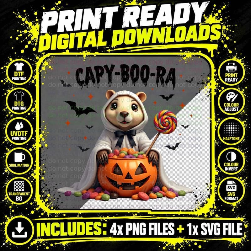 Capybara Ghost Costume Spooky CAPY-BOO-RA Halloween Png SVG Digital Bundle