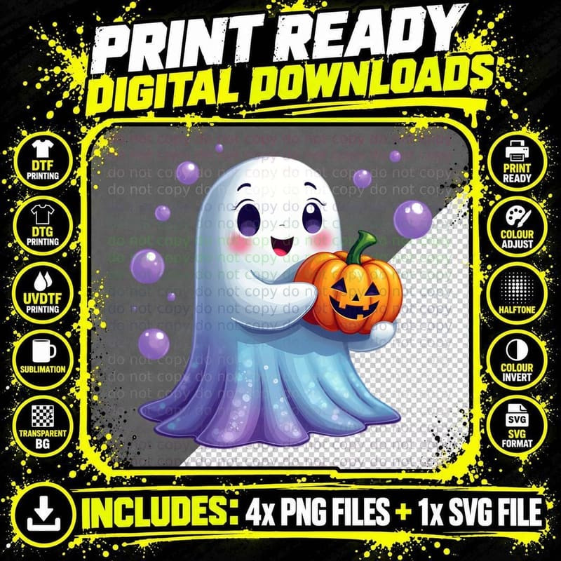 Cartoon Ghost Smiley Face Iridescent Fabric Png SVG Digital Bundle