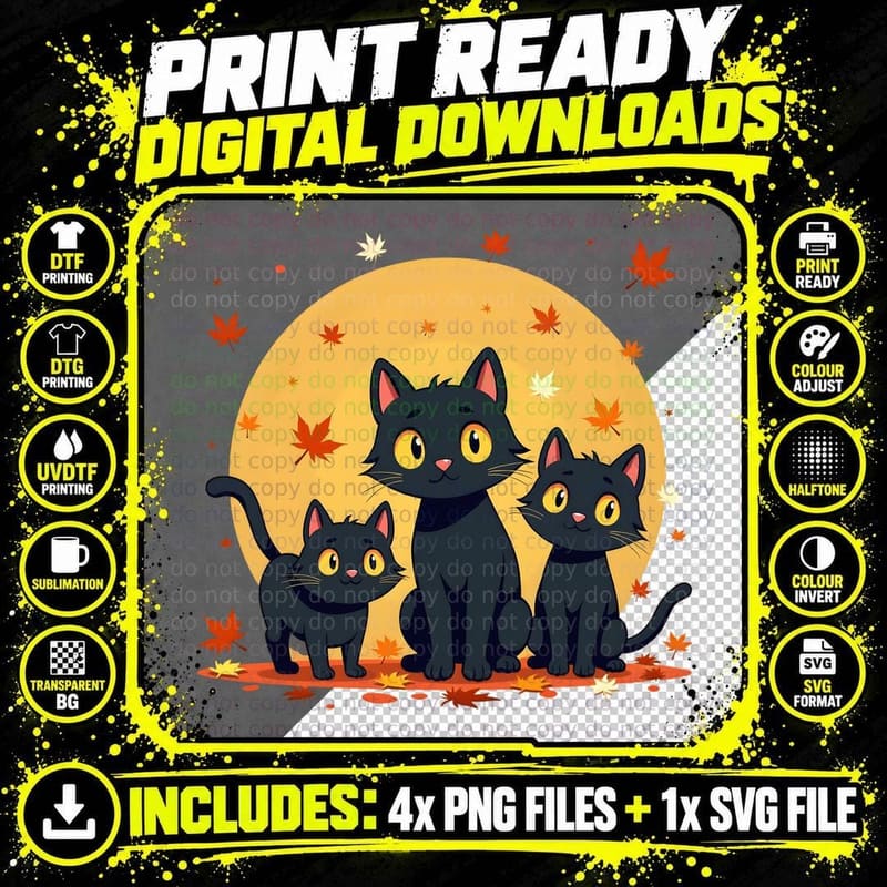 Cat Leaves Halloween Autumnal Cute Cartoon Cats Png SVG Digital Bundle