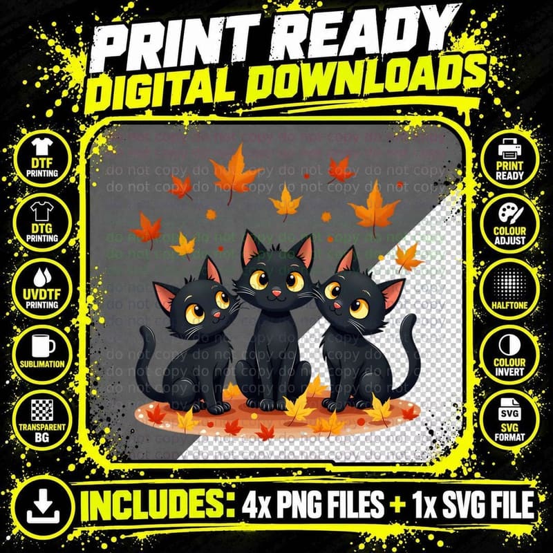 Cat Leaves Whimsical Cute Cartoon Autumnal Cats Png SVG Digital Bundle