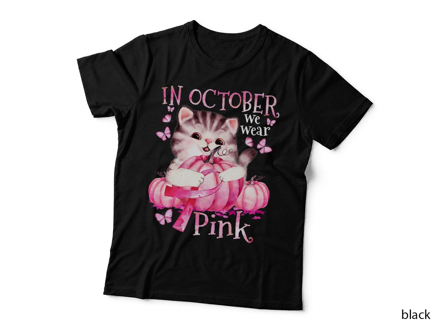 Cat Pumpkin Halloween in October We Wear Pink Breast Cancer T-Shirt