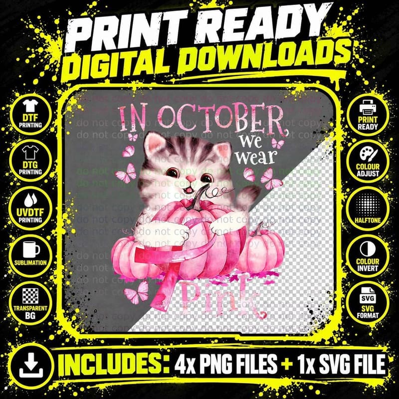 Cat Pumpkin Halloween in October We Wear Pink Breast Png SVG Digital Bundle