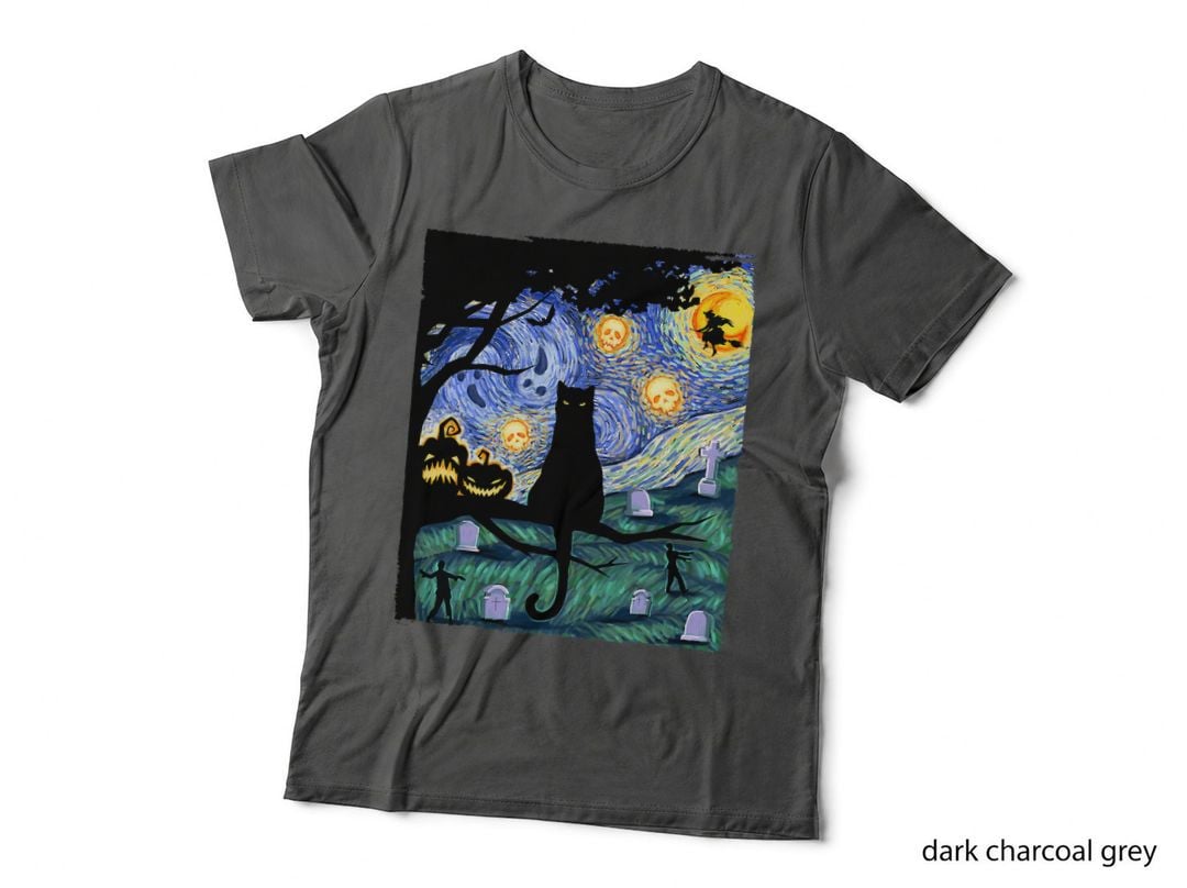 Cat Tshirt, Scary Night Cat Tee, Van Gogh Gifts Halloween T-Shirt