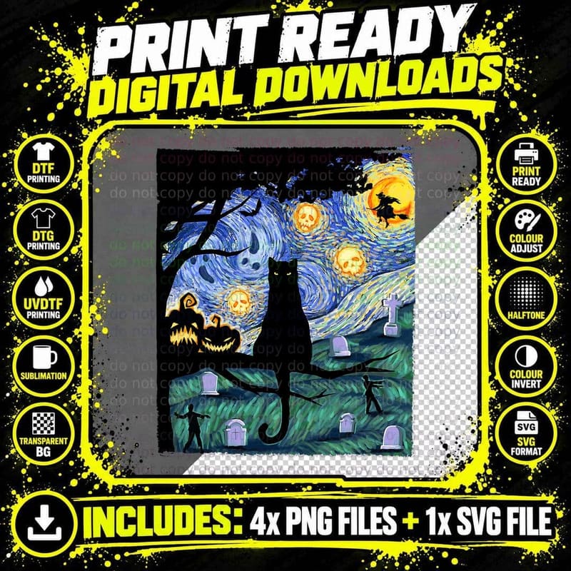 Cat Tshirt, Scary Night Cat Tee, Van Gogh Gifts Png SVG Digital Bundle