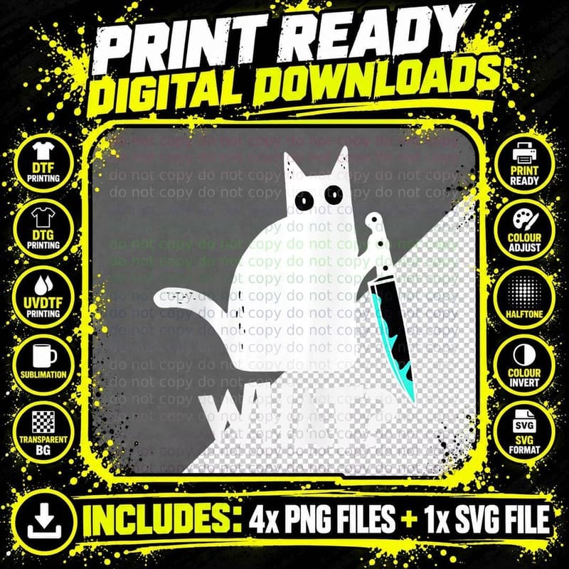 Cat What Murderous Black Cat, with Knife Halloween Gift Png SVG Digital Bundle