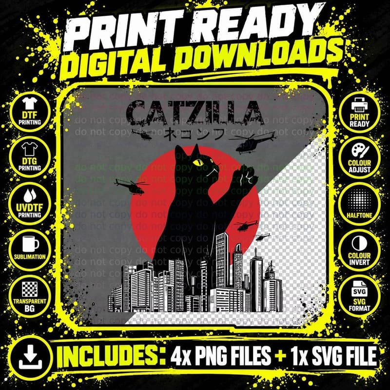 Catzilla Funny Kitten Cat Funny Japan Sunset Cat Png SVG Digital Bundle