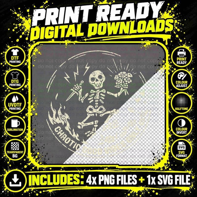 Chaotic Good Vibes Only Funny Skeleton Skull Positive Png SVG Digital Bundle