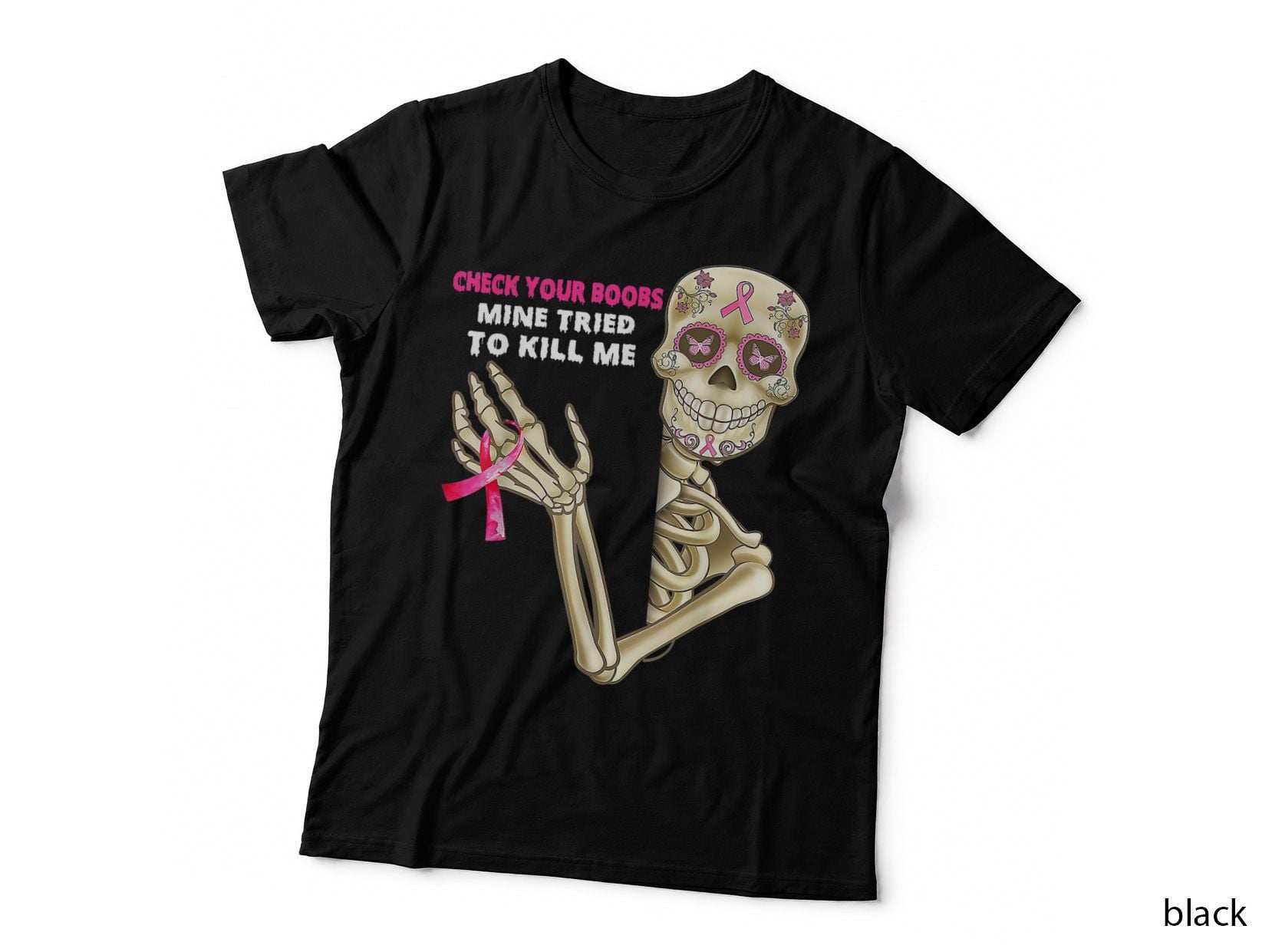 Check Your Boobs Skeleton Hand Breast Cancer Awareness Pink T-Shirt
